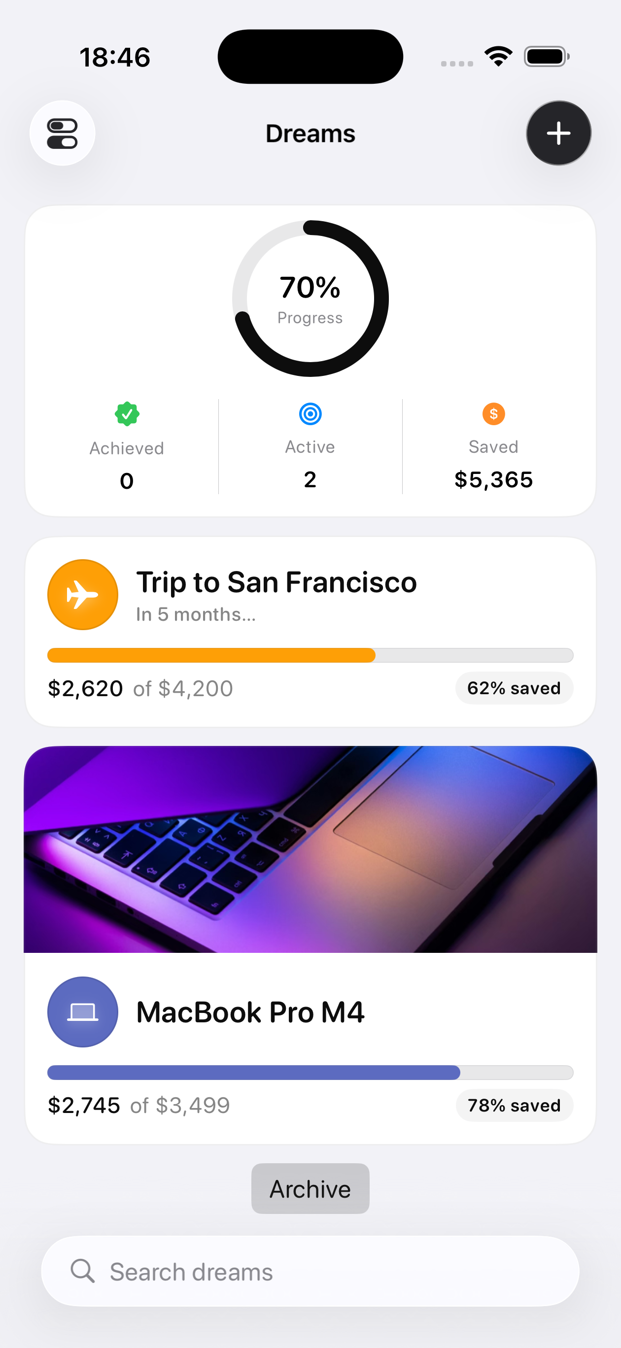 Dreams iOS app screenshot 1 showing savings goals, progress tracking, and financial planning features