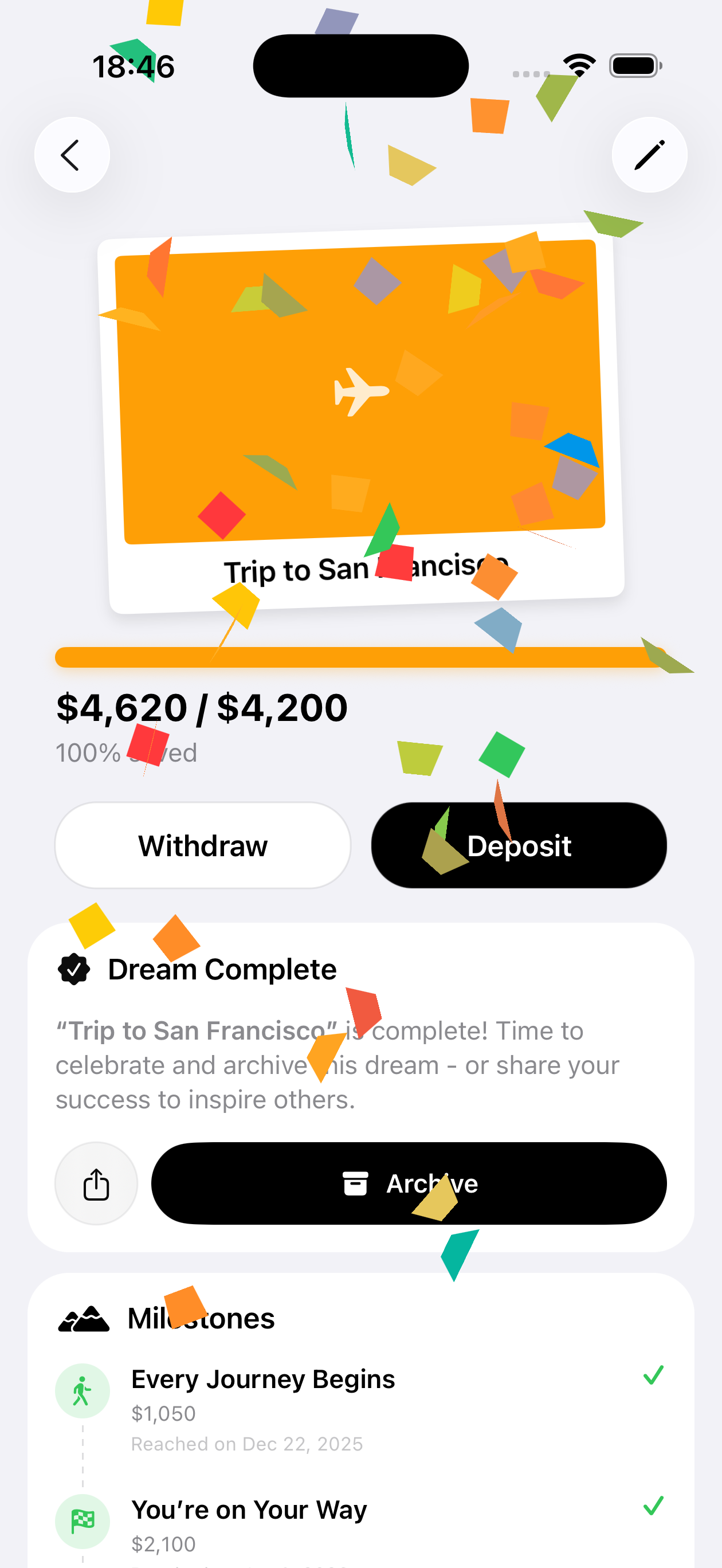 Dreams iOS app screenshot 3 showing savings goals, progress tracking, and financial planning features